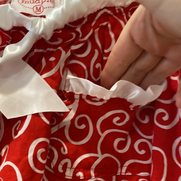 Mud Pie- ladies Christmas PJ bottoms Red with white swirls and satin ruffles - Picture 3 of 4
